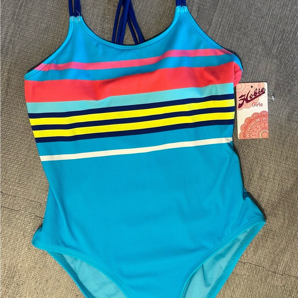 Hobie Girls ' blue Striped One Piece Swimsuit